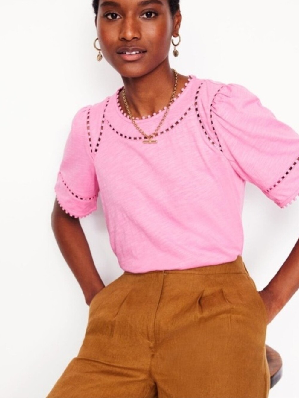 Boden Mila Trim Detail Top Short Sleeve Cotton T-Shirt Pink Women’s Size 20-22
